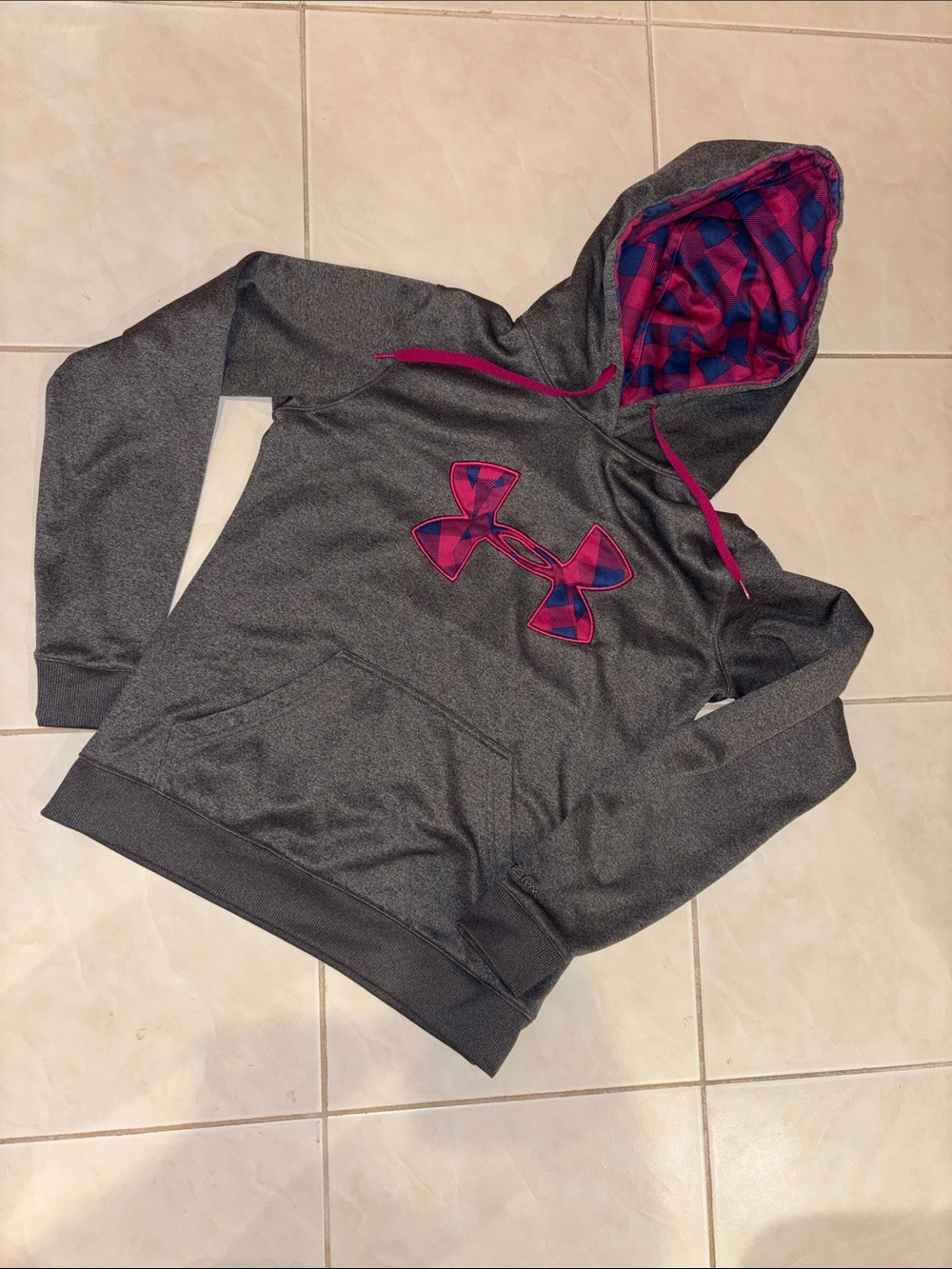 Under Armour Gray Hoodie with Pink and Blue Logo & Lined Hood